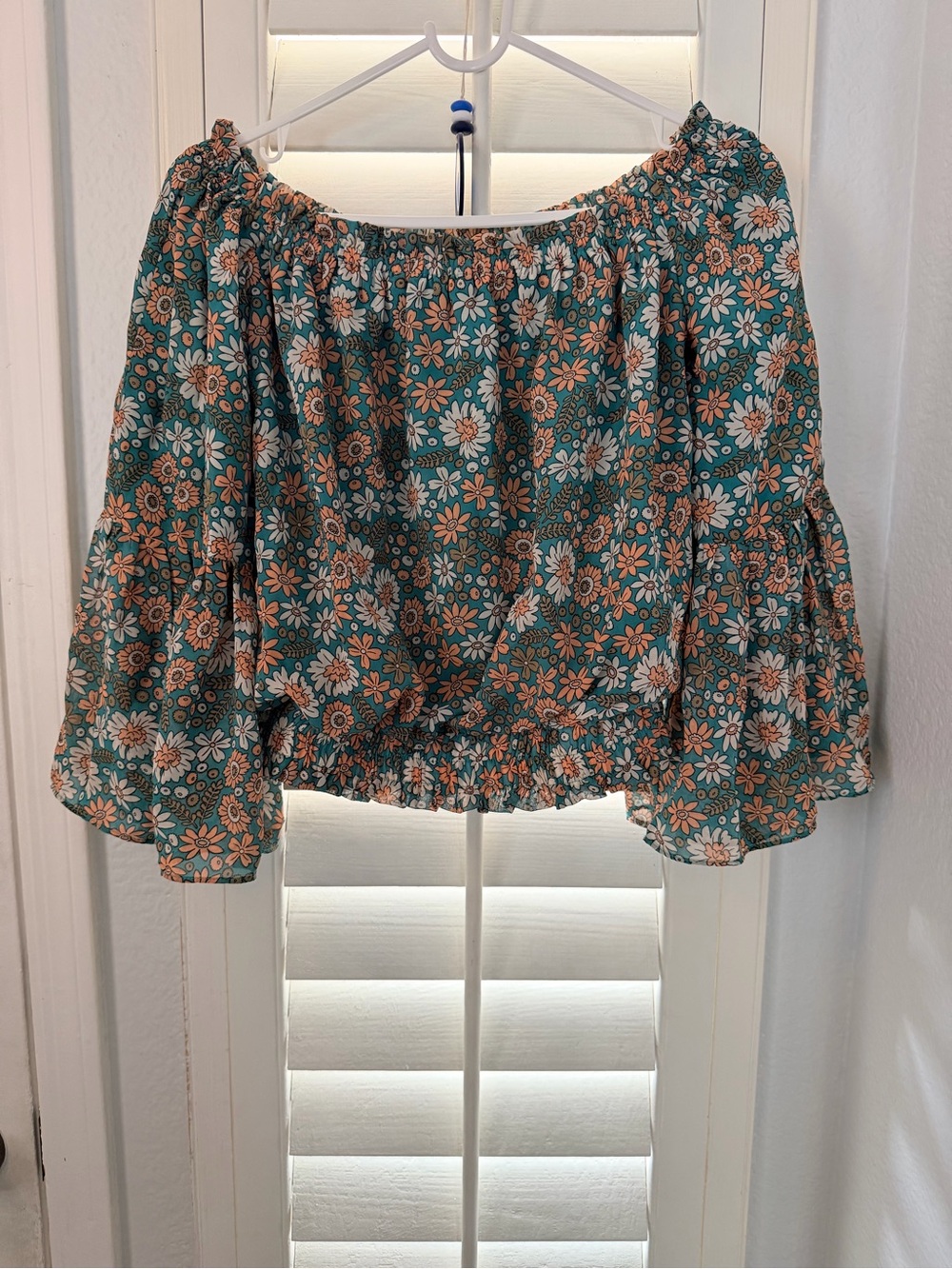 Pink Lily Floral Off-Shoulder Peasant Top - Green/Coral